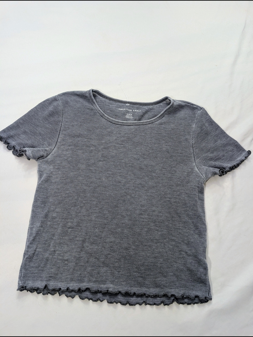 American Eagle Outfitters Gray Waffle Knit Babydoll Ruffle Hem Tee